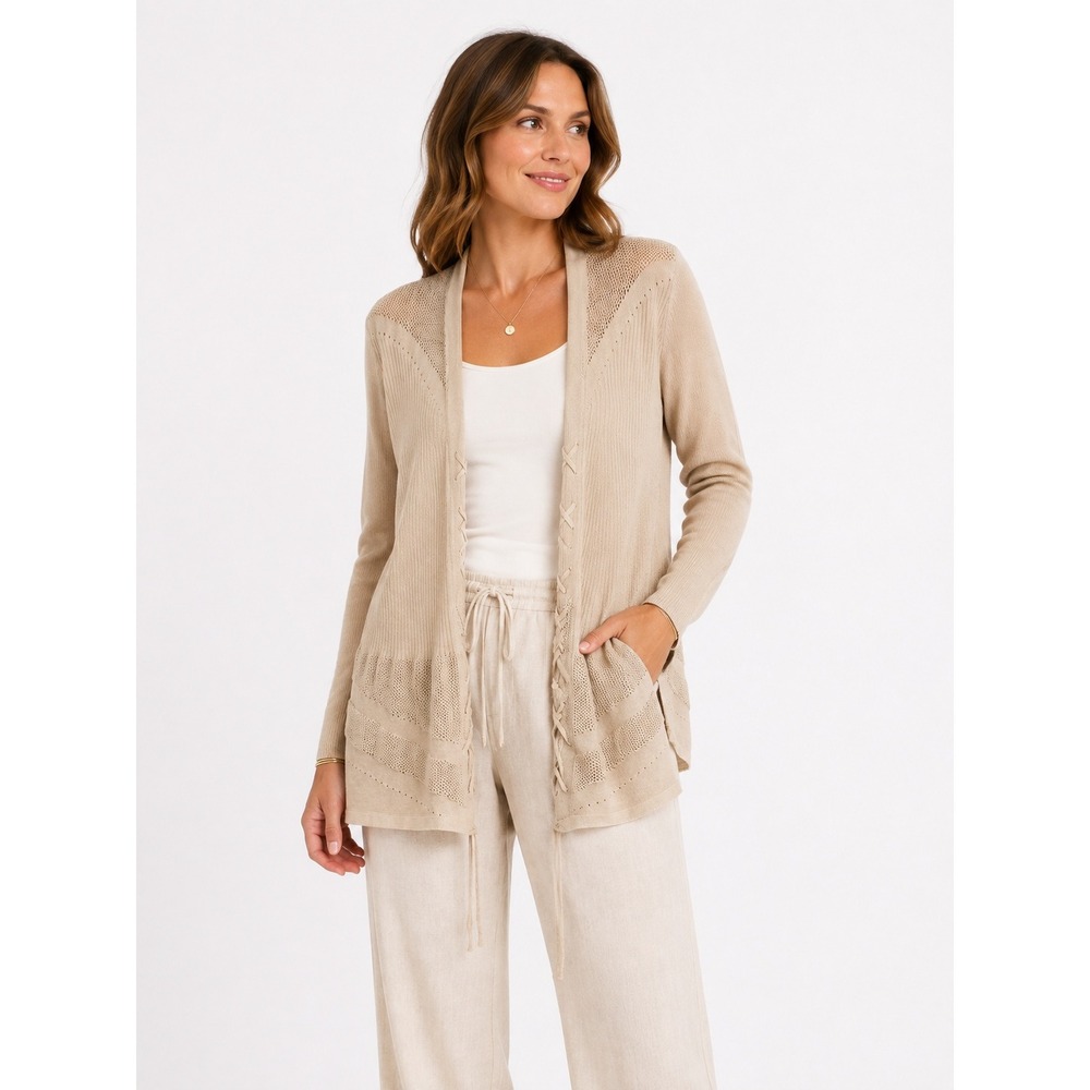 Lace Up Open Knit Cardigan M Beige Romantic Fairy Boho Ethereal August Silk‎